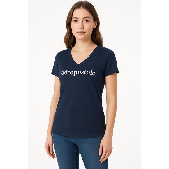 Tops - Aéropostal Navy Blue Short Sleeve VNeck Text Logo Casual TShirt Womens